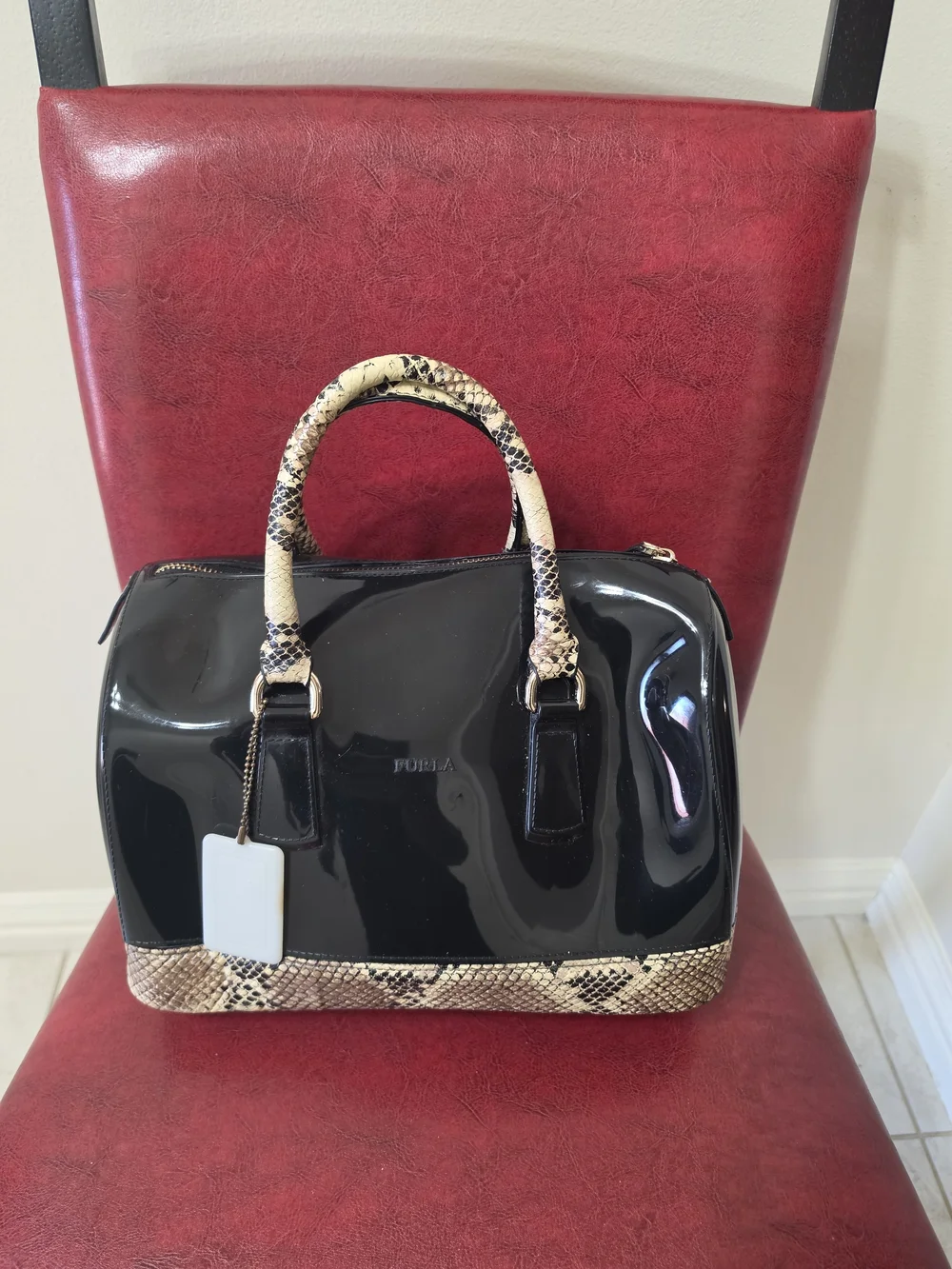 Furla Black Patent Satchel with Beige Snake-Print Trim